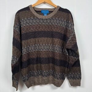 VTG Towncraft Men L Sweater Geometric Stripe Brown Earthy Granola Grandpa Cosby